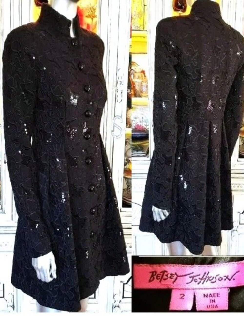 Betsey Johnson Vintage Y2K Black Embroidered Sequin Midi Coat Evening Jacket S